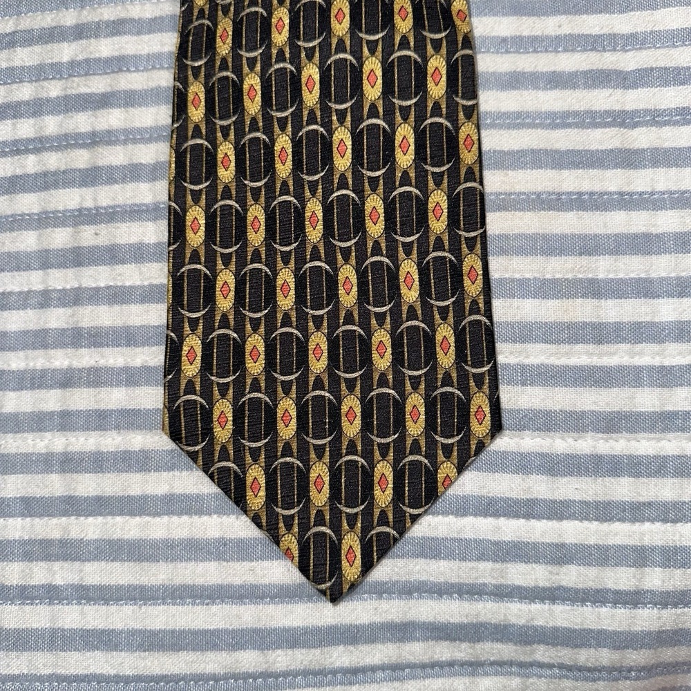 Valentino Cravatte 100% Silk Tie Hand Made Italy Black Gold Red Geometric